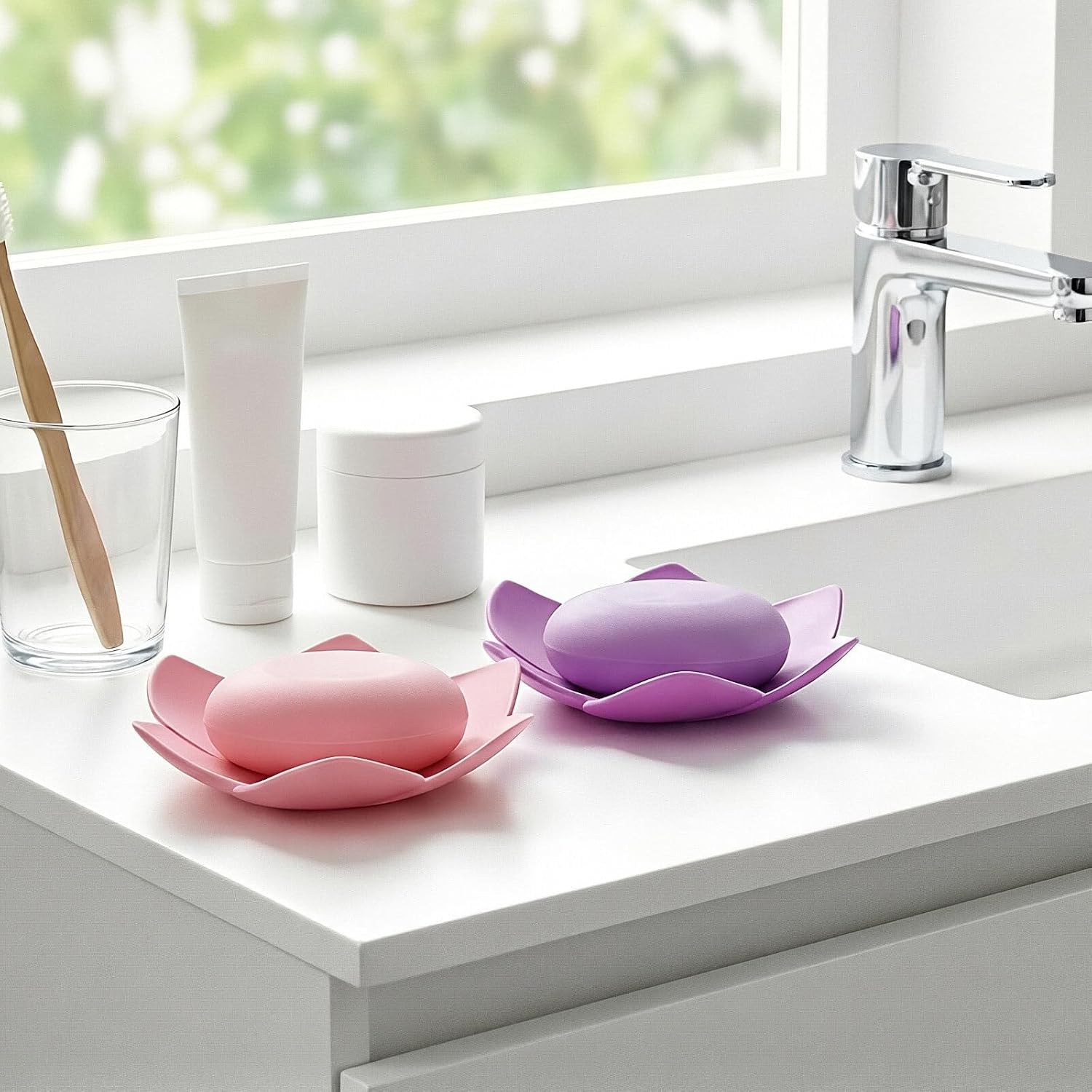 2 Pcs Lotus Shape Shower Steamer Tray, Silicone Soap Holder Non-Slip, Flower Shape Draining Soap Dishes with Drainage for Shower Non-Slip Holders Bathtub, Sink & Modern Bathroom Décor