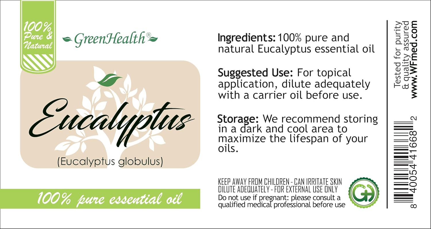 GreenHealth Eucalyptus Essential Oil – 1 fl oz (30 ml) Amber Glass Bottle w/Euro Dropper – 100% Pure Essential Oil