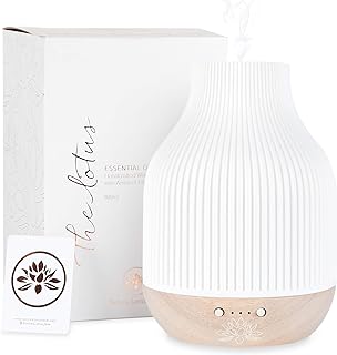 Sacred Lotus Love Ceramic Essential Oil Diffuser – Ultrasonic Aroma Diffuser with Wood Base, Ambient LED Light and Timer Settings