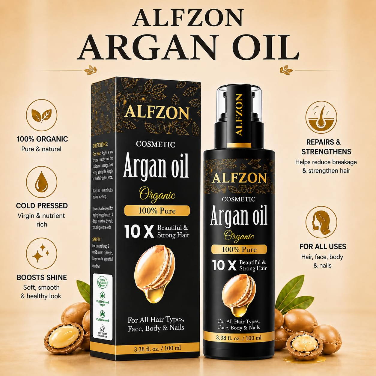 Moroccan Argan Oil 100% Pure USDA Organic Cold Pressed Unrefined – Deep Moisturizing Hair & Scalp Treatment for Dry, Damaged, Curly & Frizzy Hair – Face & Skin – 3.38 Fl Oz Glass Bottle