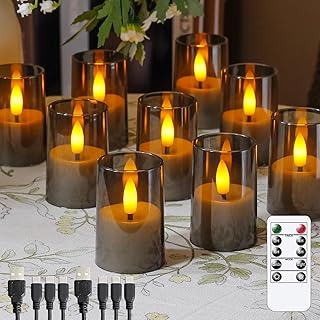 Rechargeable Acrylic Flameless Votive Candles with Timer & Remote Control, 1.7" x2.5" Flickering LED Warm Glow Tealight for Home, Wedding, Holiday Decor (Set of 9, Grey)