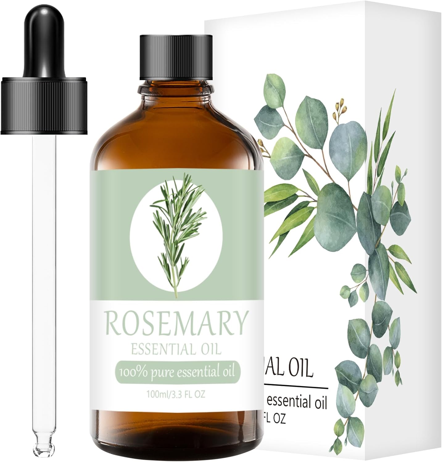 Rosemary Essential Oil 100% Pure & Natural Organic (3.3 Fl. Oz) for Humidifiers, Skin Care, Massage, Aromatherapy, Premium Delicate Grade with Glass Dropper for Air Freshening, Cleaning, Home