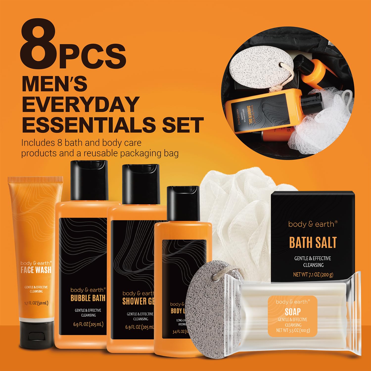 Gift Baskets for Men Bath Set Citrus Scented Mens Gift Sets with Face Wash, Shower Gel, Body Lotion, Bubble Bath, Loofah, Birthday Gift for Men, Christmas Gift for Men, Father's Day Gifts