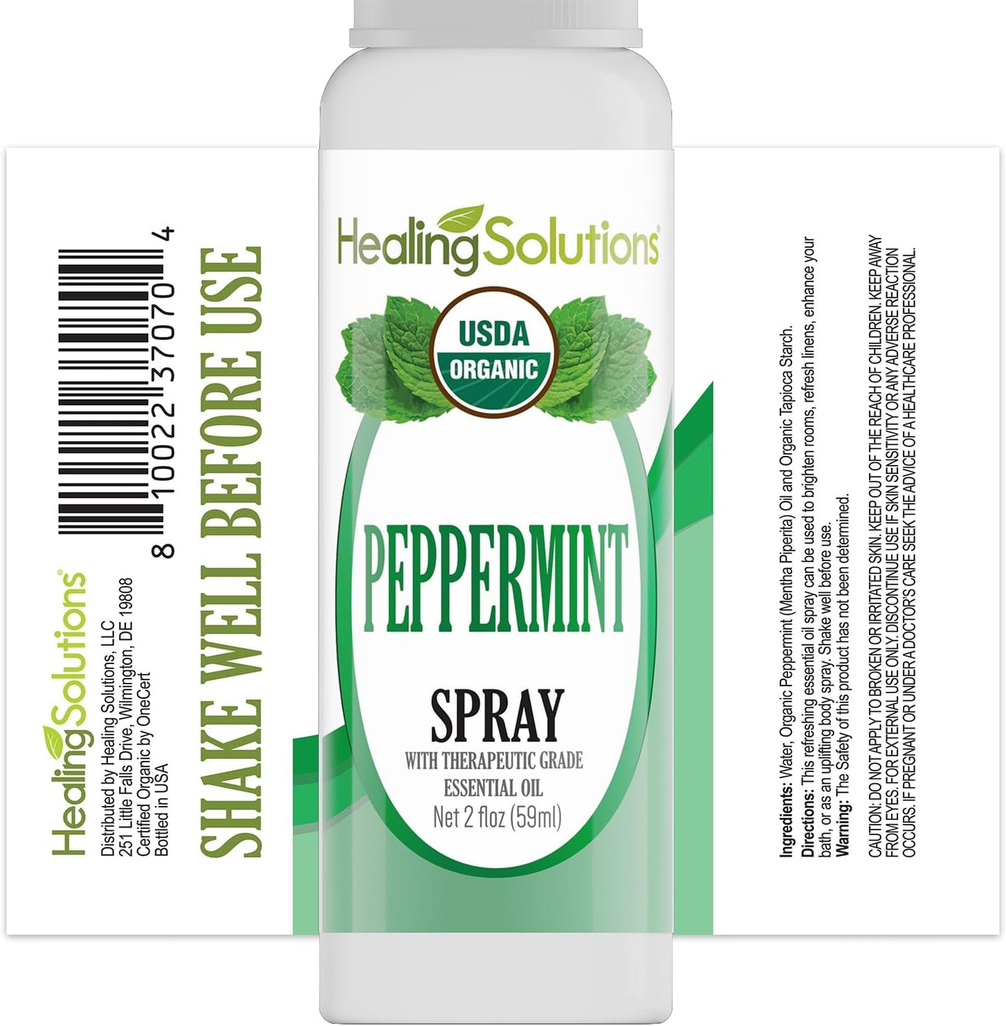 Healing Solutions - Peppermint Essential Oil Spray, (2 oz) USDA Certified Organic Aromatherapy Room & Linen Spray, Pillow & Bedding Mist, Shower Steam, Natural Peppermint Air Freshener