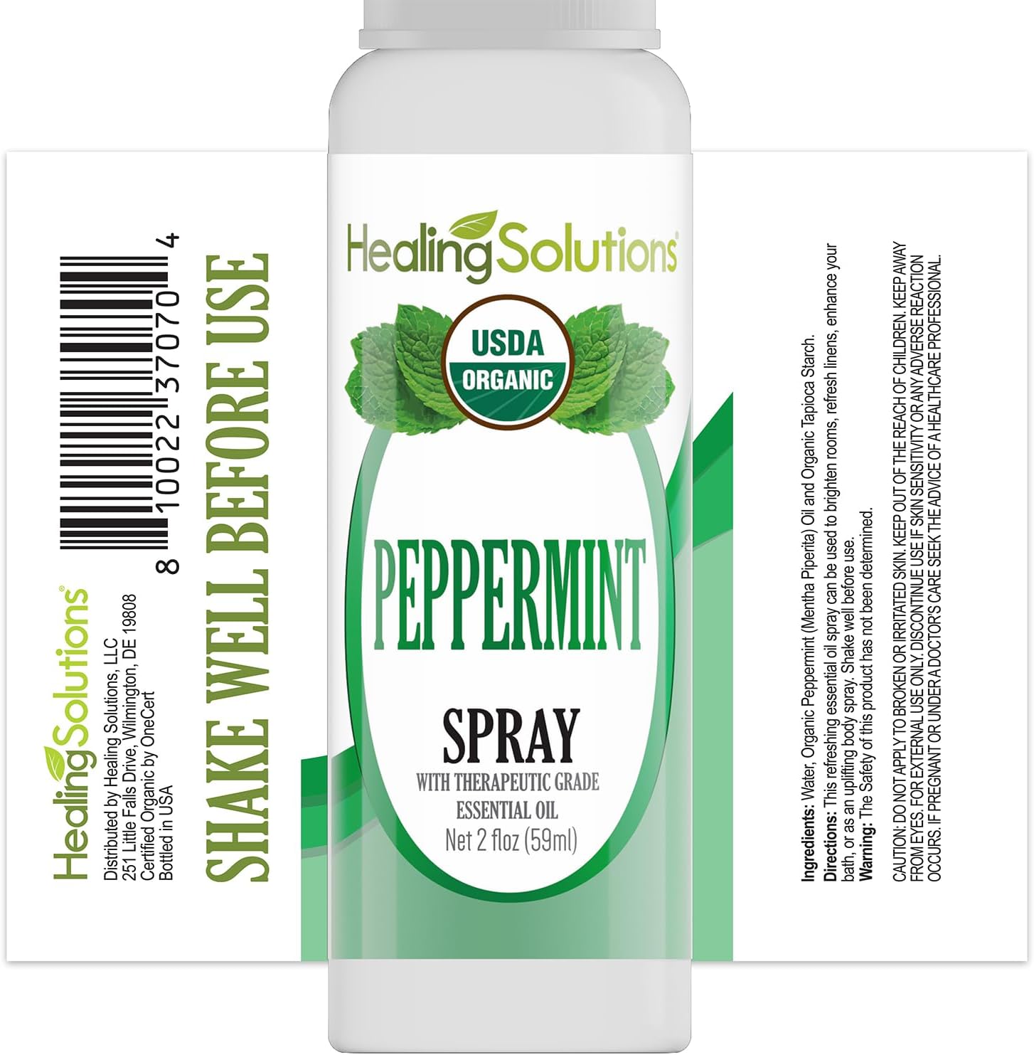 Healing Solutions - Peppermint Essential Oil Spray, (2 oz) USDA Certified Organic Aromatherapy Room & Linen Spray, Pillow & Bedding Mist, Shower Steam, Natural Peppermint Air Freshener