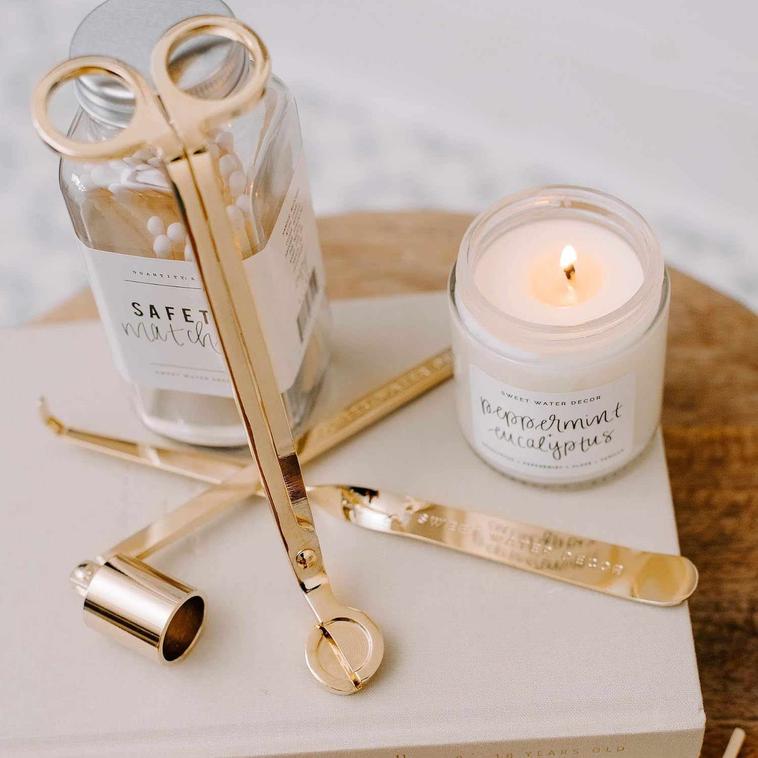 Sweet Water Decor Candle Care Kit | Golden Candle Accessory Set Includes Wick Trimmer, Wick Dipper, and Bell Snuffer Tools with Drawstring Bag for Candle Lovers (Gold)