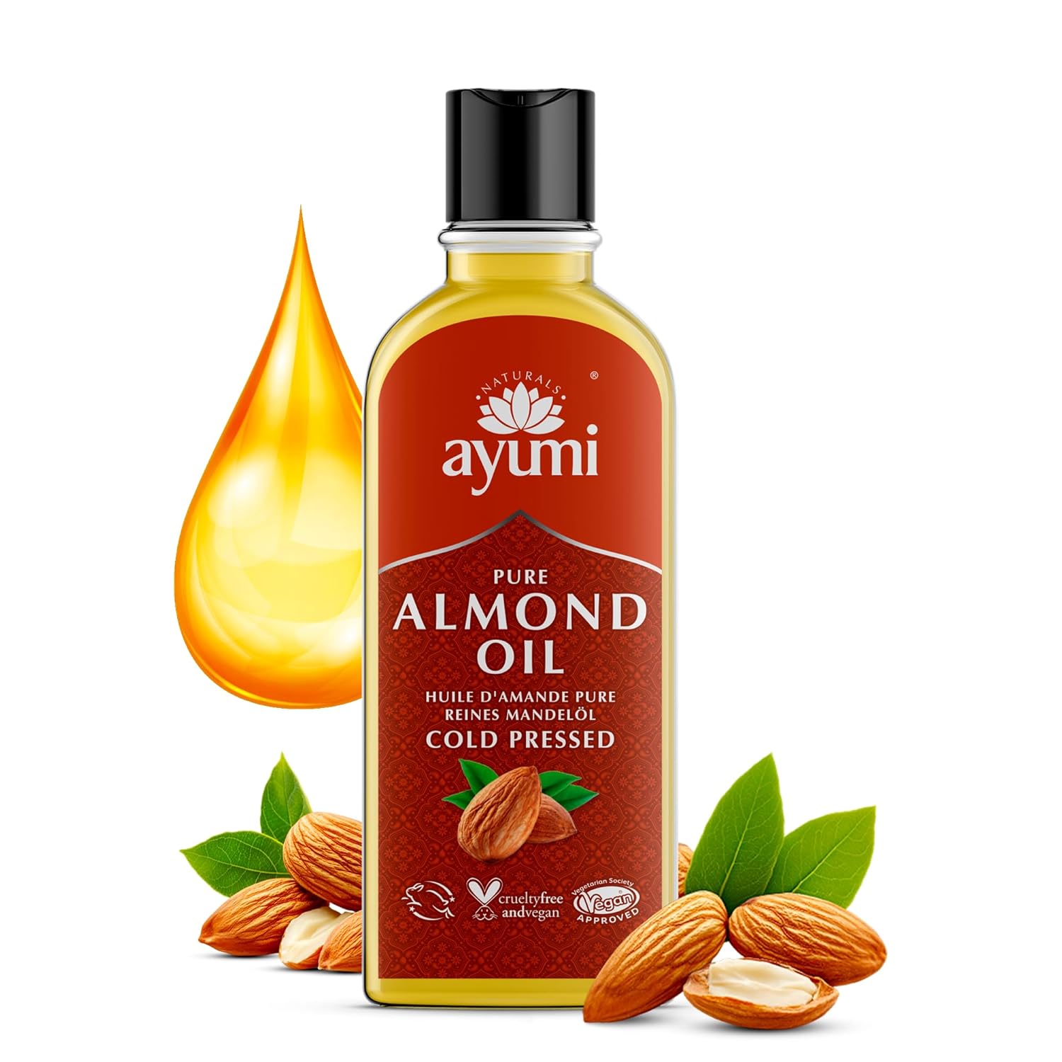 Ayumi Sweet Almond Oil with Vitamin E | Natural Stretch Mark Oil for Scar Treatment | Almond Hair Oil for Dry Hair | FaceOil for Dry Skin | Vegan NailOil & Cuticle Oil for Skin Care | 5.3 Fl oz