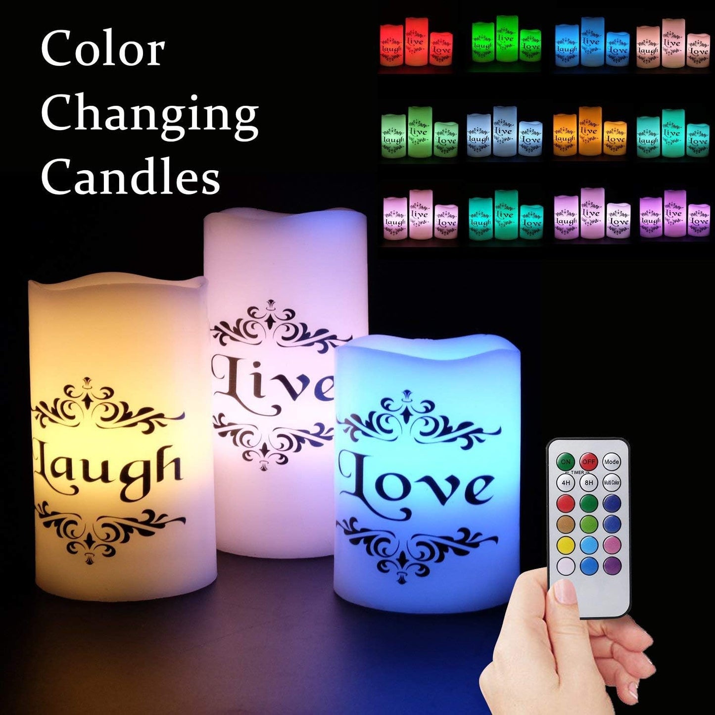 Color Changing LED Flameless Candles with 18-Key Remote and Timer, Live Love Laugh Decals Battery Operated LED Flickering Pillar Candles Dinner Wedding Decor 3 x 4, 5, 6