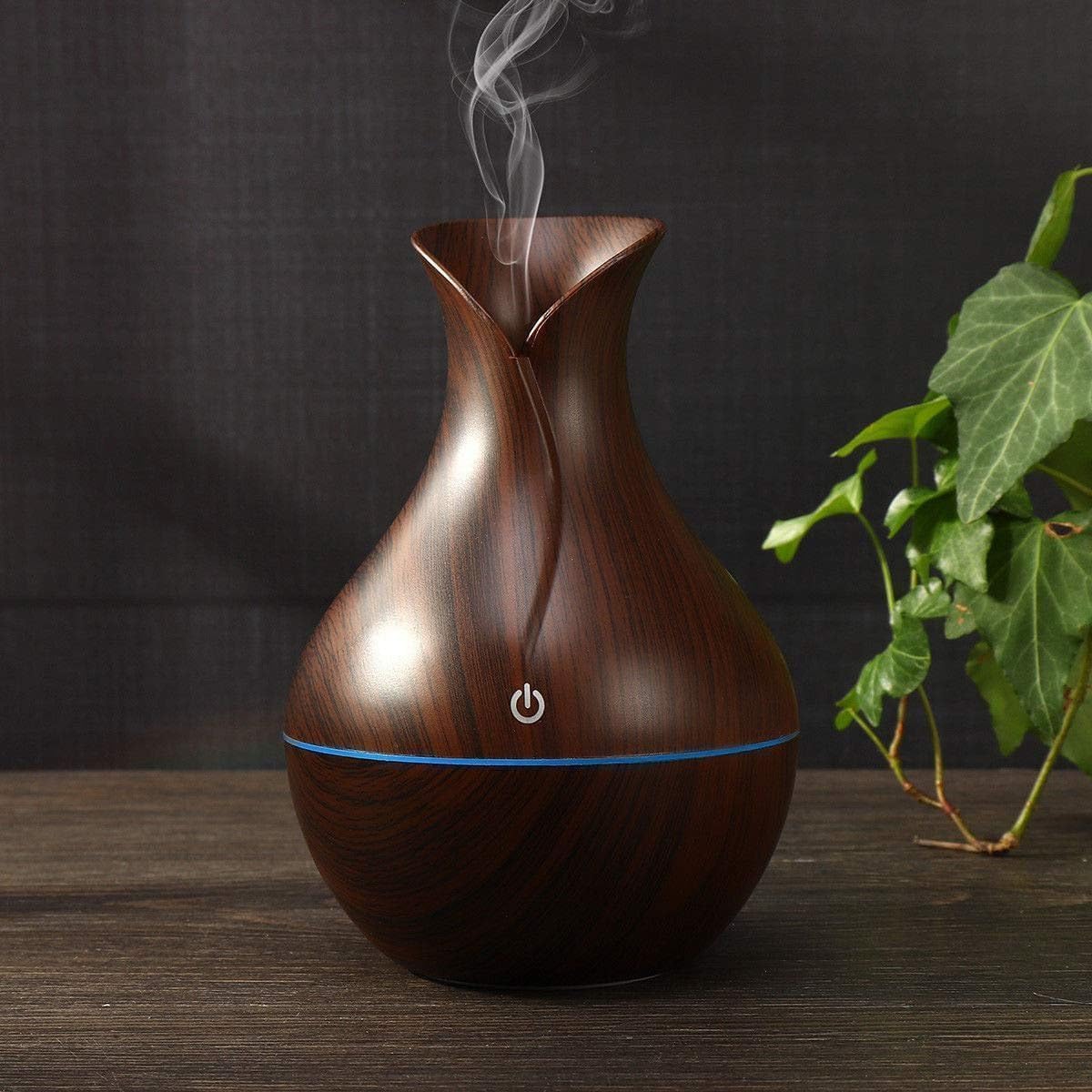 Essential Oil Diffuser, Dark Wood Grain Finish, 300ml Ultrasonic Cool Mist Humidifier with LED Light, Vase Design