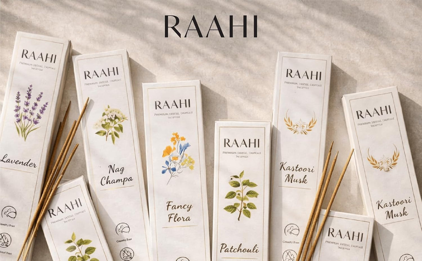 RAAHI Sandalwood Incense Sticks with Holder, 120 Count, Handcrafted Scented Incense for Home Fragrance, Meditation, Yoga and Room Ambiance