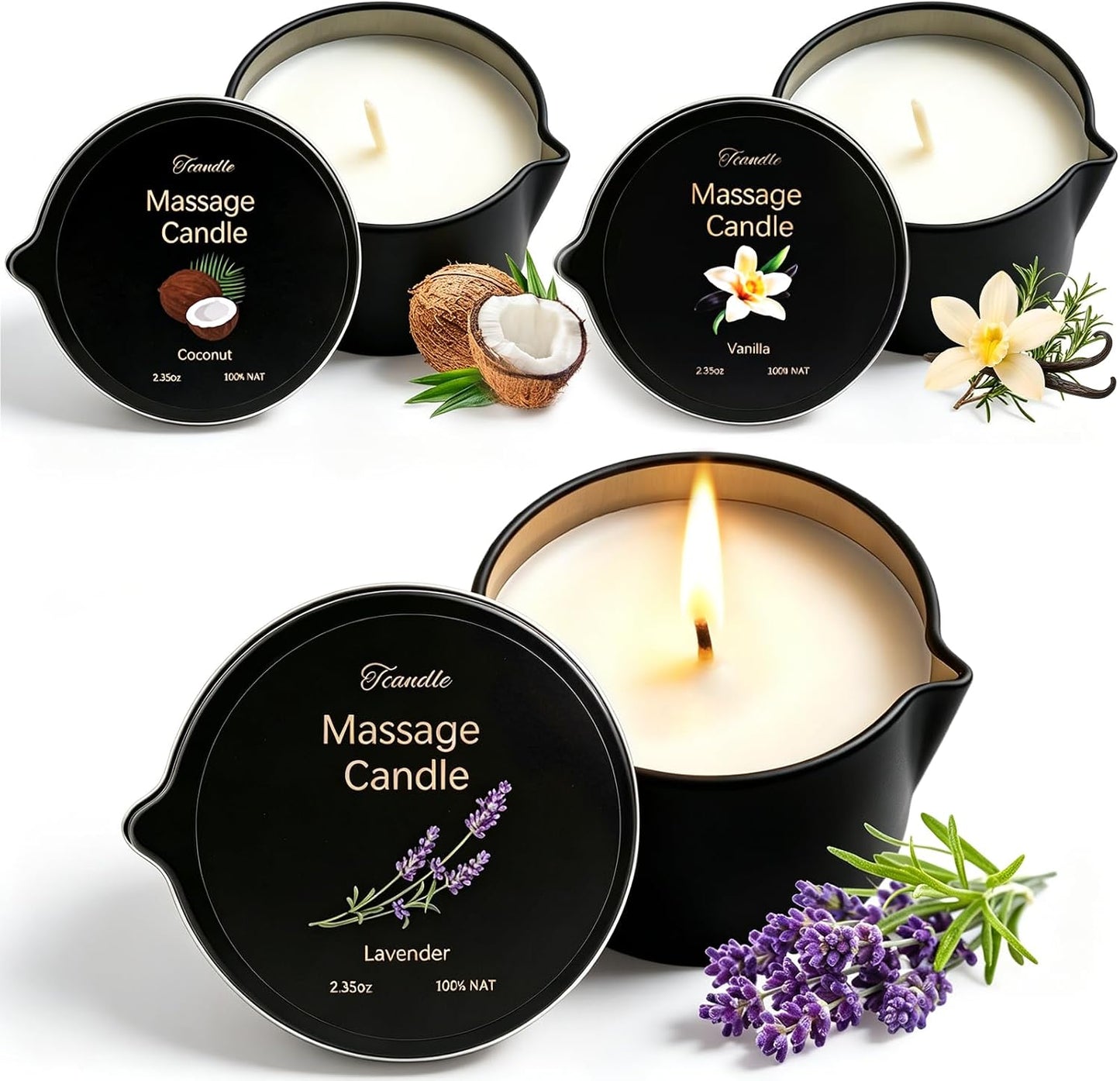 3 Pack Low Temperature Massage Candle Set，Moisturising Body Oil Candles for Stress Relief Massage Therapy and Home SPA,Natural Soy Wax Blend with Lavender,Vanilla & Coconut,2.35 oz Each