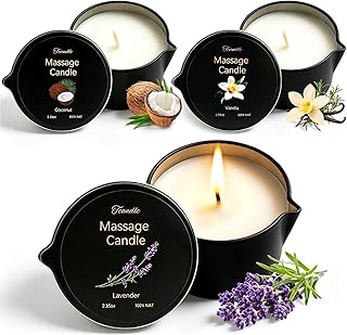 3 Pack Low Temperature Massage Candle Set，Moisturising Body Oil Candles for Stress Relief Massage Therapy and Home SPA,Natural Soy Wax Blend with Lavender,Vanilla & Coconut,2.35 oz Each