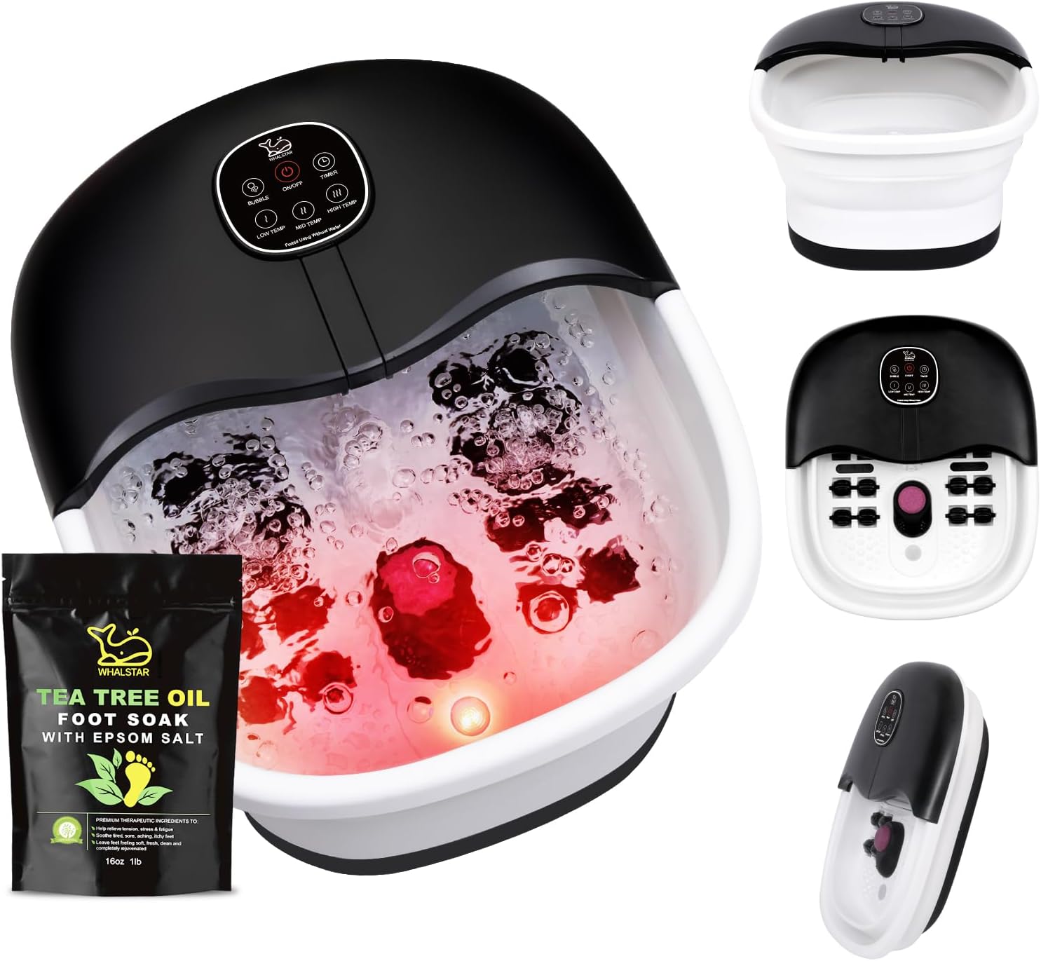 Collapsible Foot Spa Bath Massager with Heat Bubbles and Vibration Massage and Jets, 16oz Tea Tree Oil Foot Soak with Epsom Salt, Foot Bath Basin with Red Light & Remote - Black