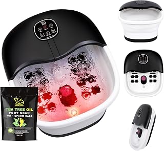 Collapsible Foot Spa Bath Massager with Heat Bubbles and Vibration Massage and Jets, 16oz Tea Tree Oil Foot Soak with Epsom Salt, Foot Bath Basin with Red Light & Remote - Black