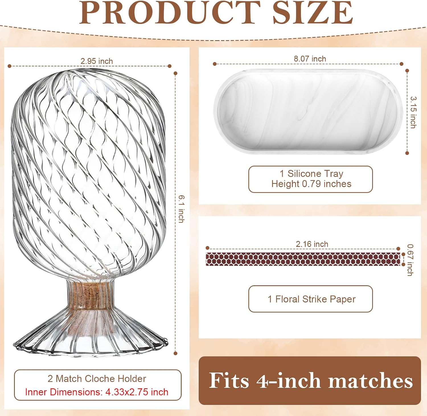 2 Pcs Glass Cloche Match Holder for 4 Inch Long Matches with Silicone White Marble Tray Helix Shaped Matches Jar Long Match Box Decorative for Candles Fireplace Bathroom Grill Camping (No Match)