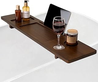 Teak Bathtub Tray - Wood Bath Caddy Tray 35" for Large Tubs - Adjustable Bathtub Table Trays - Luxury Shower Organizer for Home Spa Relaxation and Reading - Dark Walnut Color