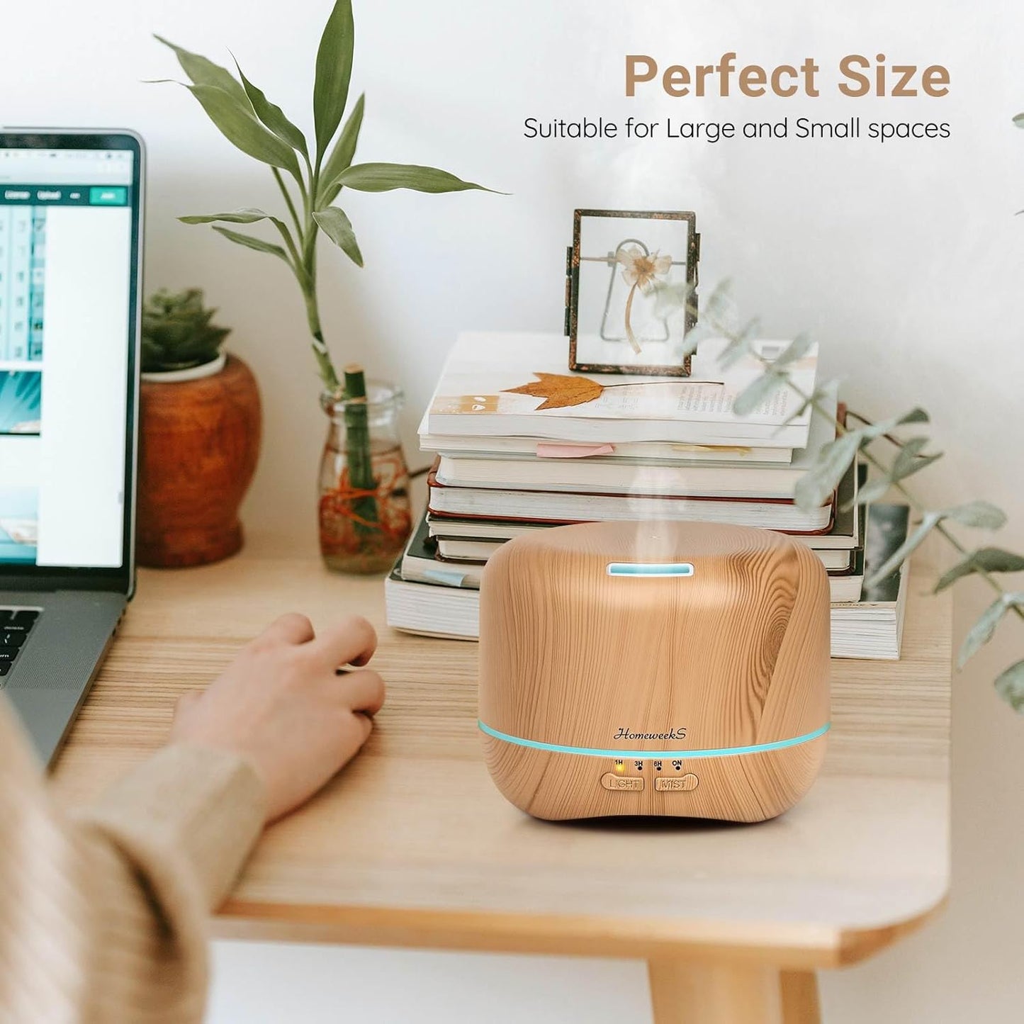 Homeweeks 300ml Essential Oil Diffuser, Quiet Aromatherapy Mist Diffusers for Essential Oils, Wood Grain, Ultrasonic, Remote Control, Timer, 7 Colors Light for Bedroom (300ml Yellow Wood Grain)