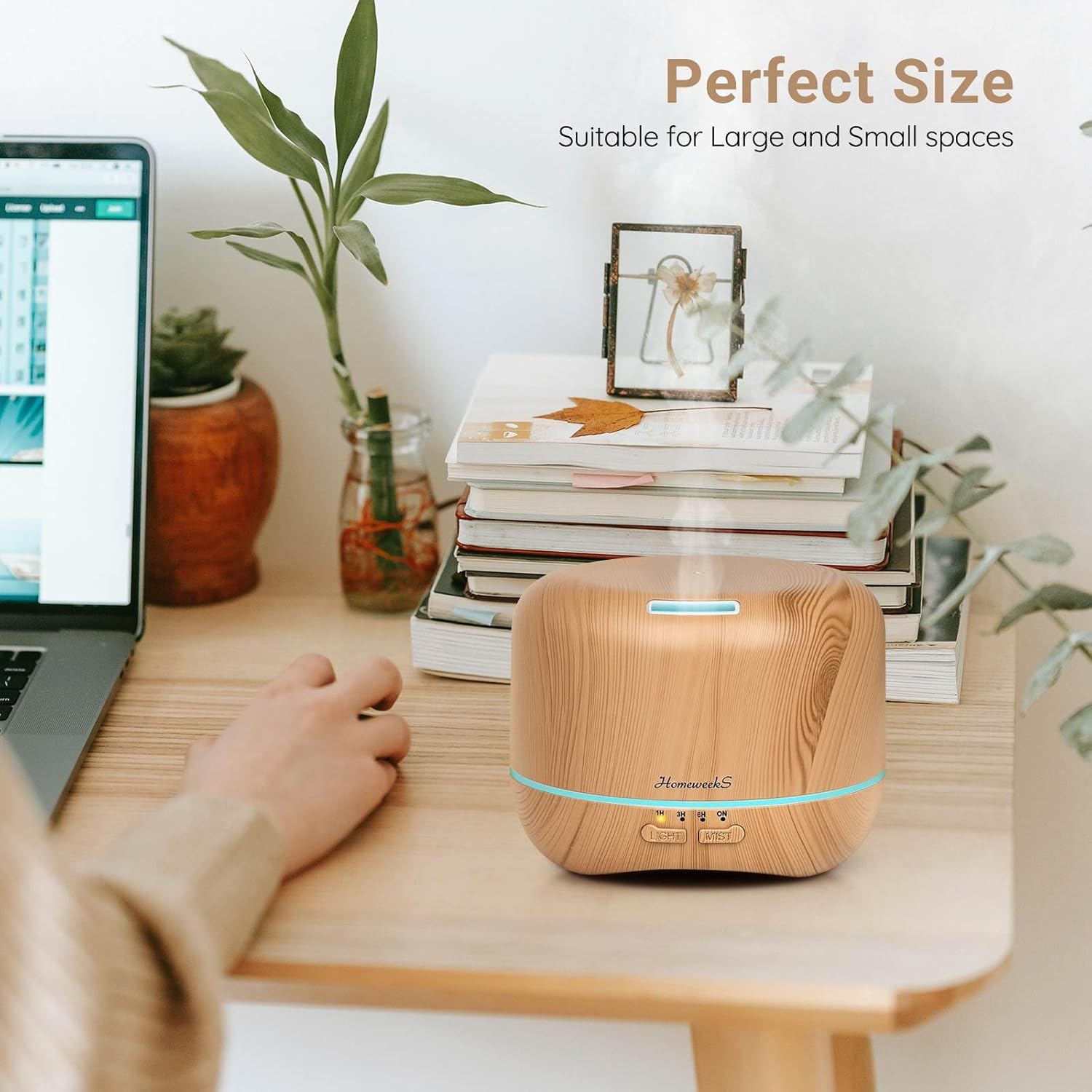 Homeweeks 300ml Essential Oil Diffuser, Quiet Aromatherapy Mist Diffusers for Essential Oils, Wood Grain, Ultrasonic, Remote Control, Timer, 7 Colors Light for Bedroom (300ml Yellow Wood Grain)