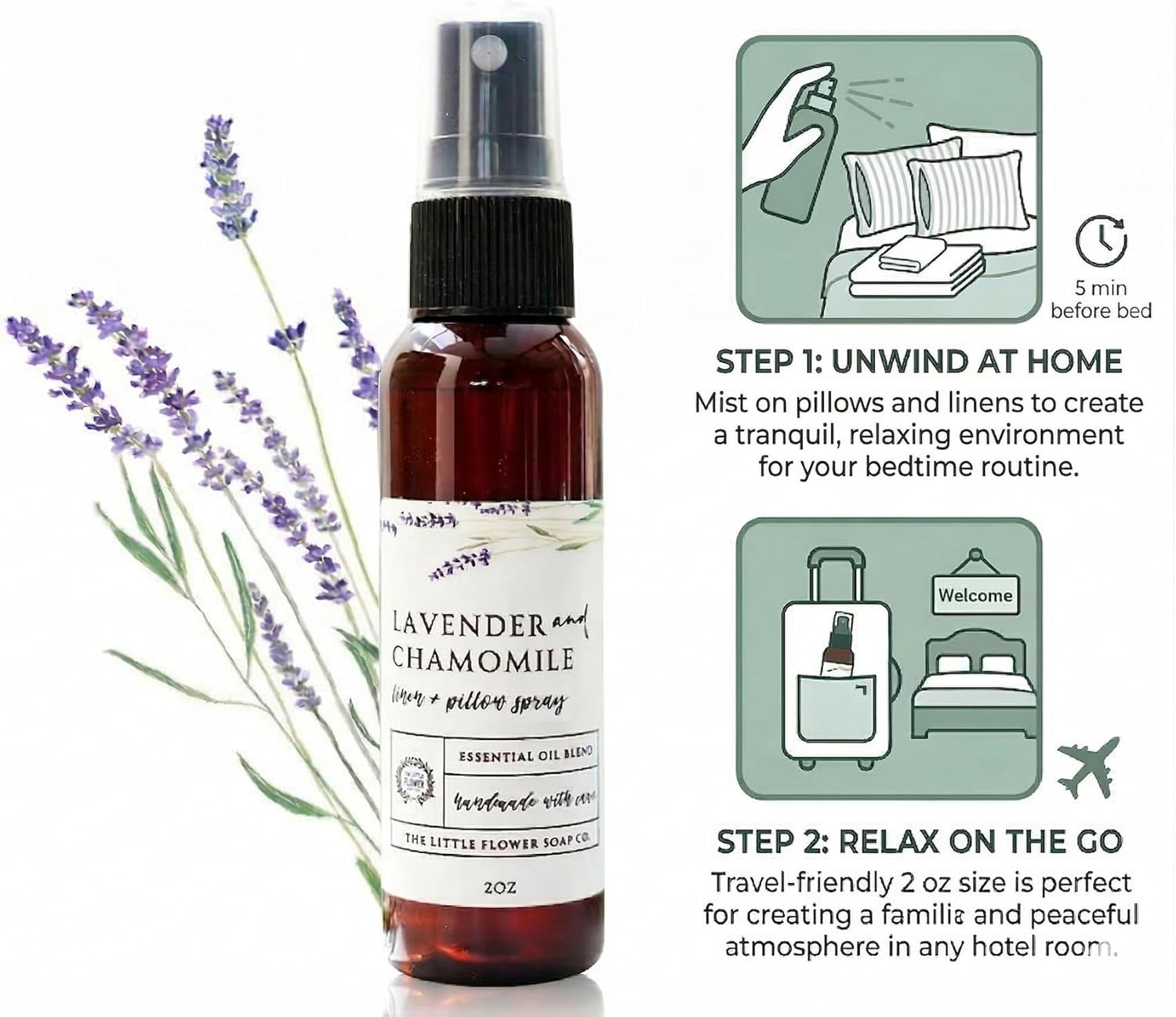 THE LITTLE FLOWER SOAP CO. EST. 2010 Linen and Pillow Spray - Lavender and Chamomile - 2 oz. Essential Oil Blend Natural Gifts for Women Travel Must Have Accessories and Stocking Stuffer Idea for Her