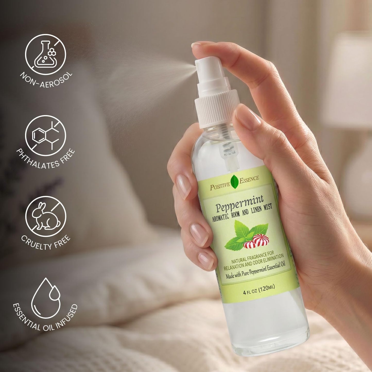 Peppermint Linen and Room Spray, Natural Pillow Mist, Made with Pure Peppermint Essential Oil, Home Fragrance for Relaxation, Bathroom Air Freshener Odor Eliminator