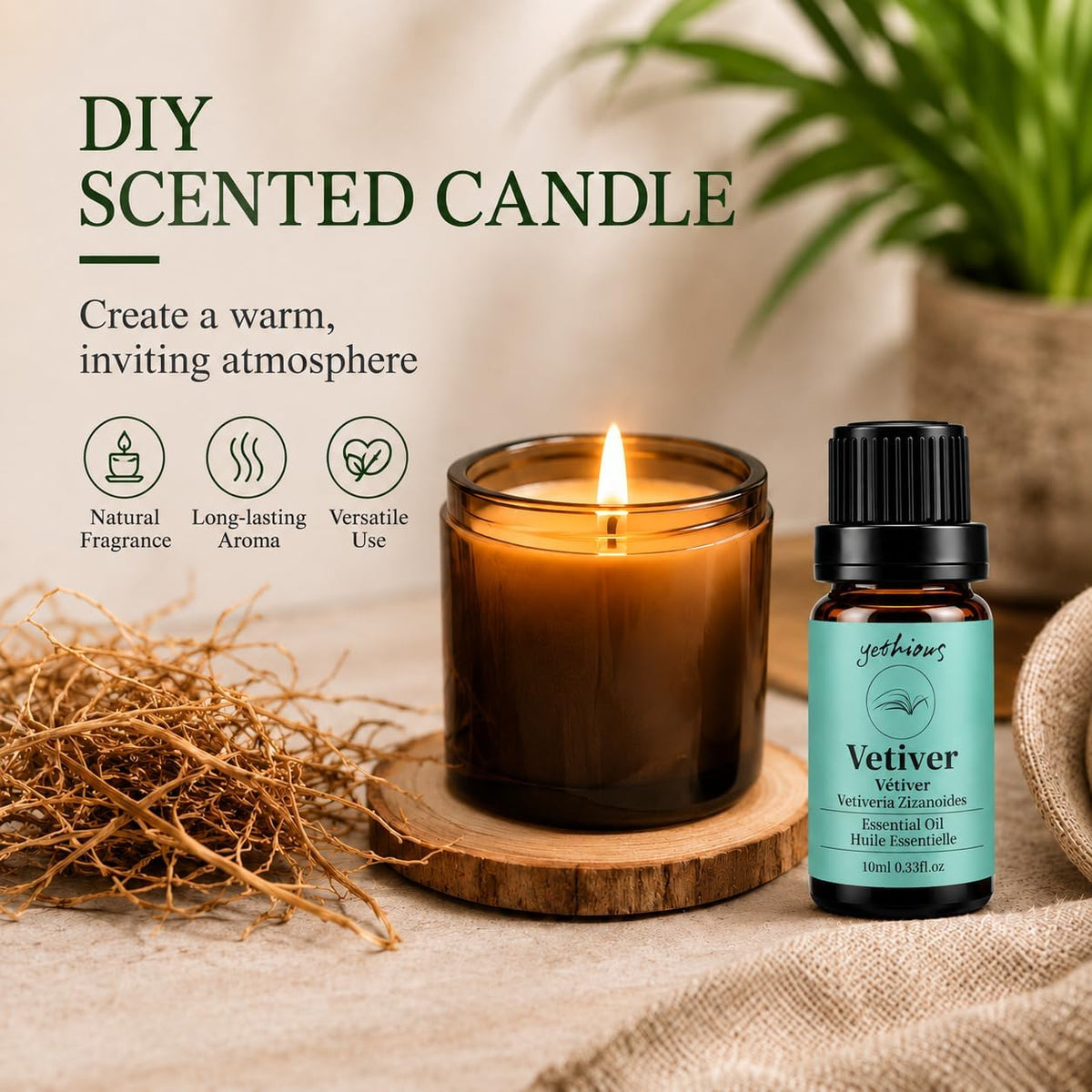 yethious Vetiver Essential Oil for Diffuser, Skin, Massage &amp; DIY Perfume