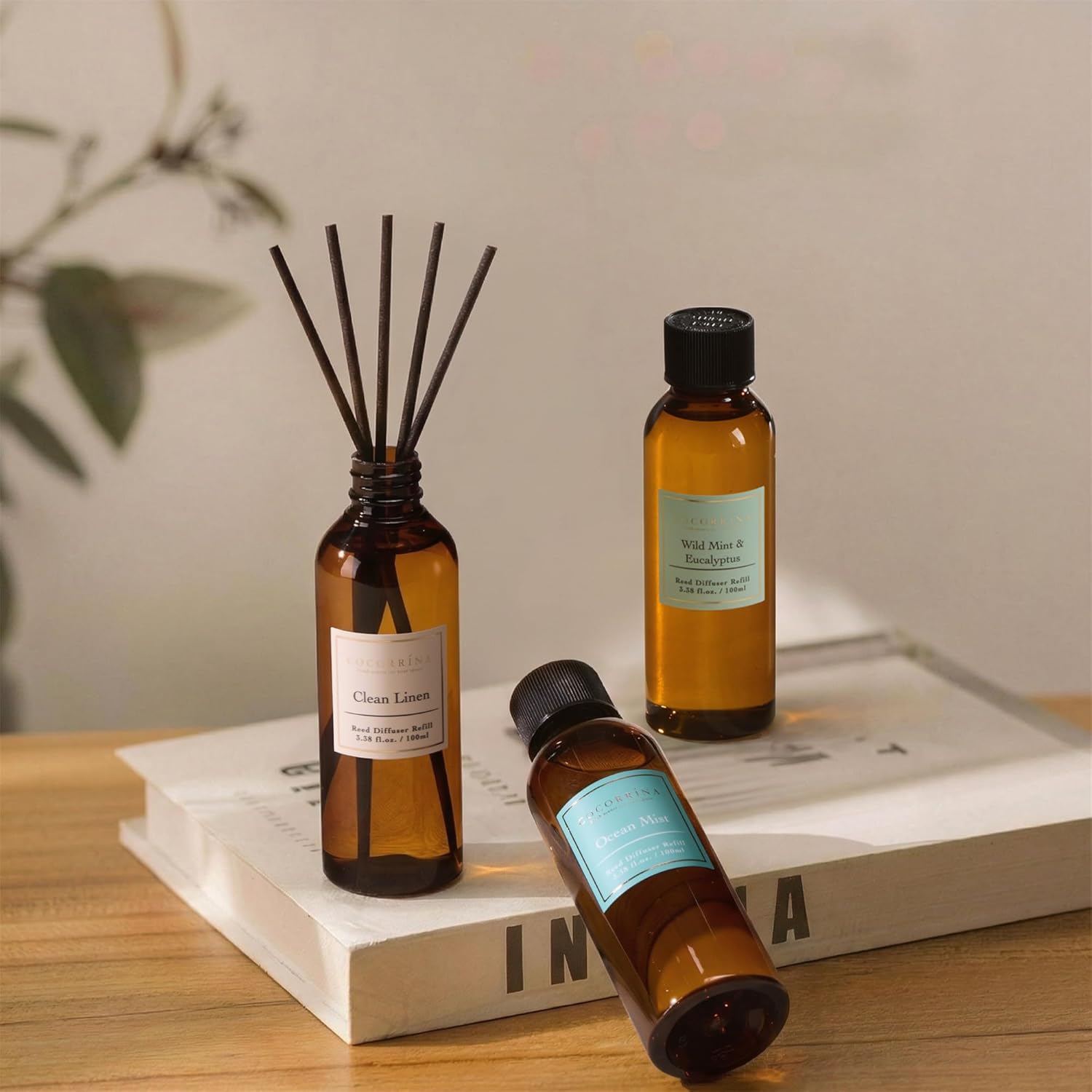 COCORRÍNA Reed Diffuser Refill Set, 10.2oz Scented Oil Refill 3 Pack, Clean Linen, Ocean Mist, Eucalyptus & Moss, Long Lasting Oil Diffuser Refill with 18 Sticks for Bathroom & Bedroom
