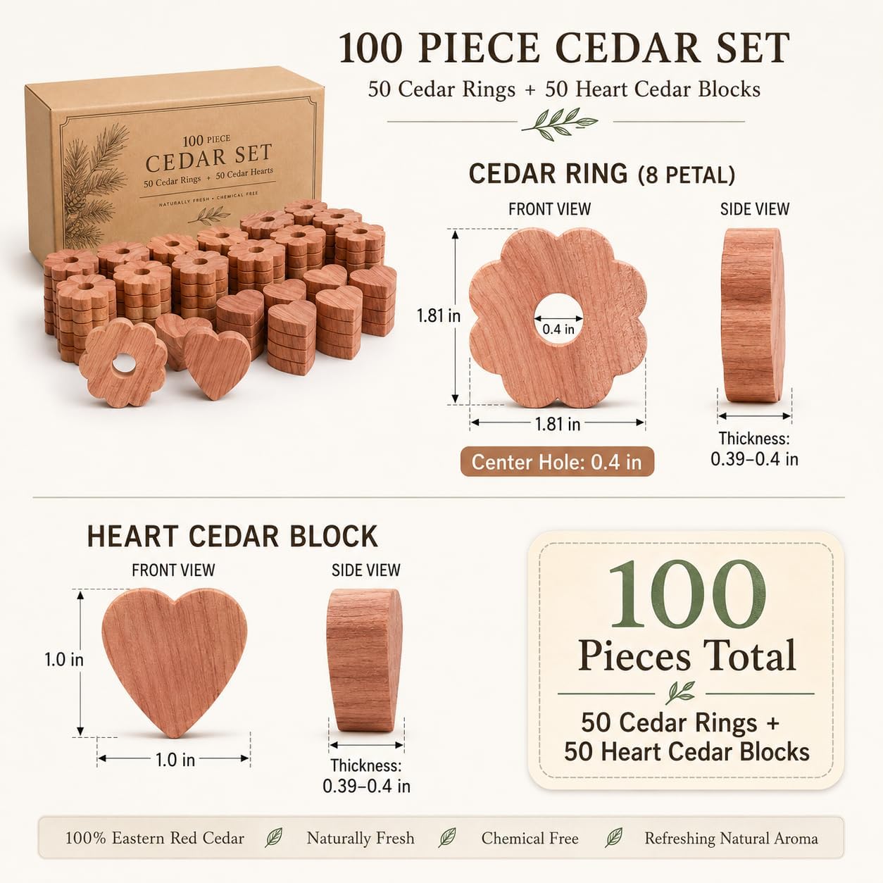 100 Pack Cedar Blocks for Clothes Storage, 100% Natural Aromatic Cedar Blocks for Closet, Wardrobe, Drawers and Shelves - 50 Rings and 50 Hearts Scented Wardrobe Freshener
