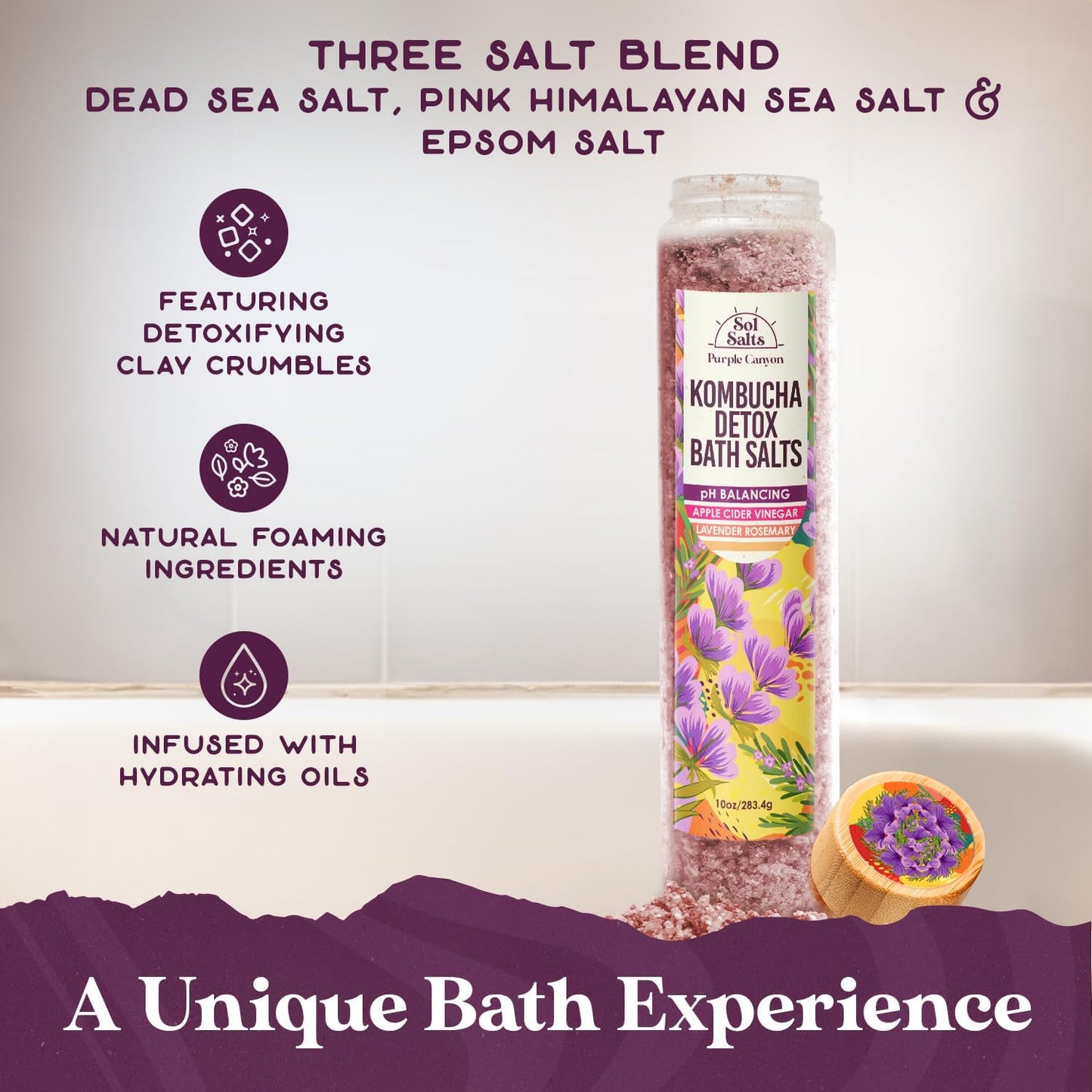 PURPLE CANYON SolSalts Kombucha Detox Bath Salts 10oz - Lavender Rosemary Soak with Apple Cider Vinegar - Detoxifying Spa Experience