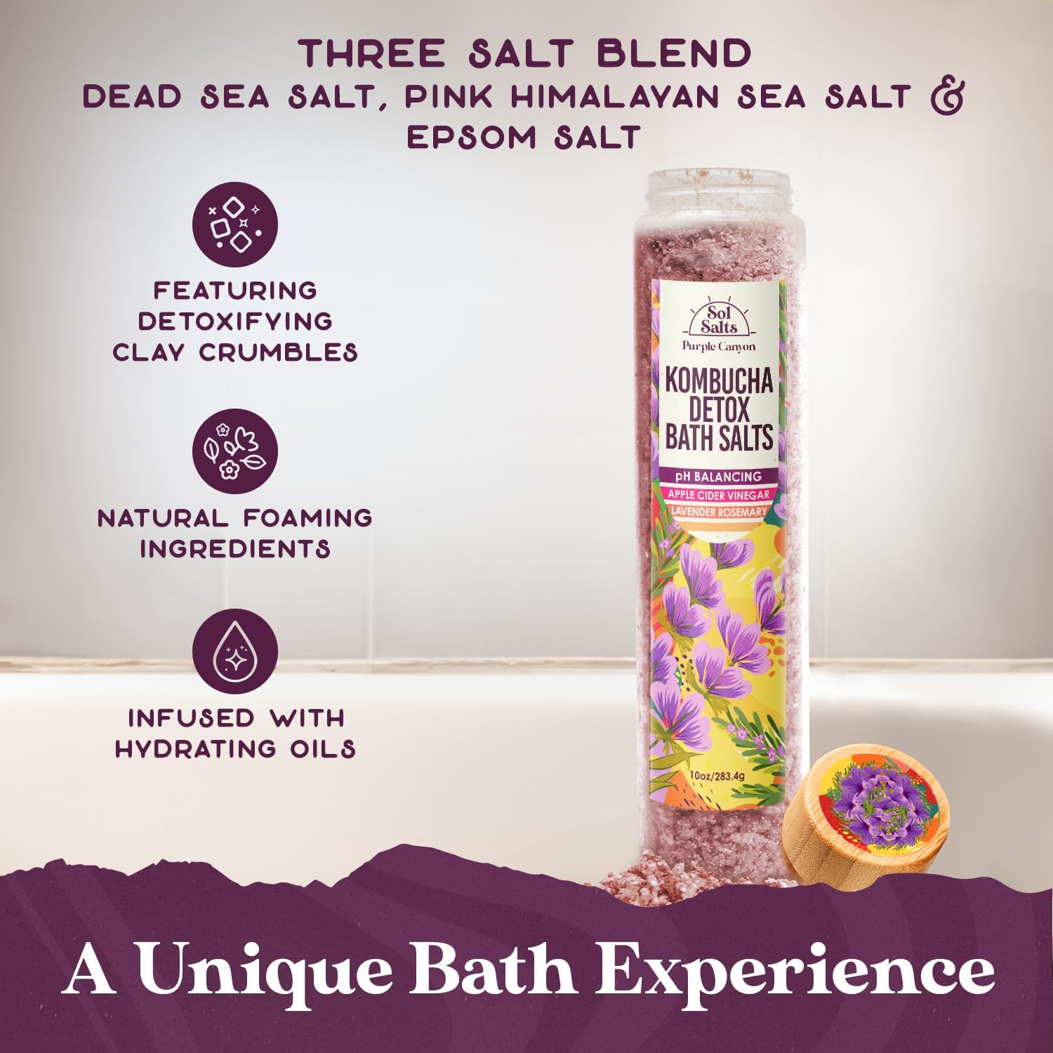 PURPLE CANYON SolSalts Kombucha Detox Bath Salts 10oz - Lavender Rosemary Soak with Apple Cider Vinegar - Detoxifying Spa Experience