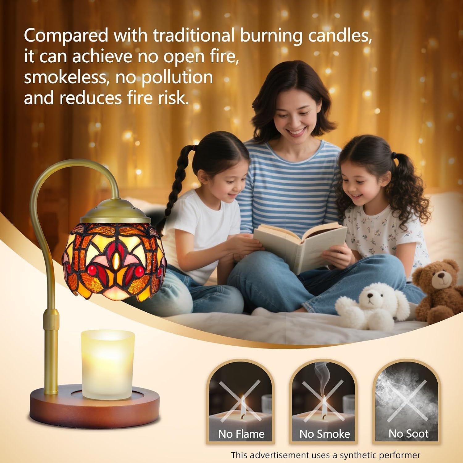 Baroque Tiffany Style Candle Warmer Lamp with 2 Bulbs - Handcrafted Stained Glass, Height-Adjustable, Timer & 4 Dimmer Levels, No Assembly Required, Fits Jars up to 5"