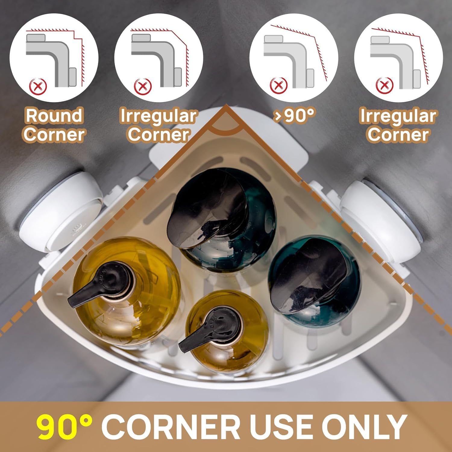 LEVERLOC Corner Shower Caddy Suction Cup, shower shelves suction cup, 2 Pack Basket Powerful Bathroom, Waterproof & Oil-proof Organizer for Kitchen, No-Drilling Removable