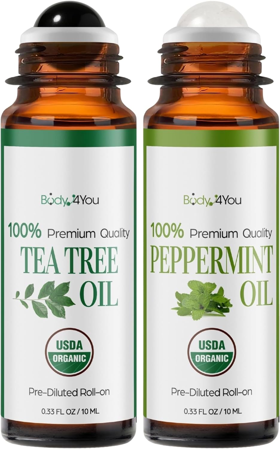 BodyJ4You Tea Tree + Peppermint Essential Oil Roll On Duo - 100% USDA Organic MCT Coconut Oil - Black Obsidian and Clear Quartz Stone Rollers - Spots Cuticles Feet Cooling Focus Temples Neck - Amber G
