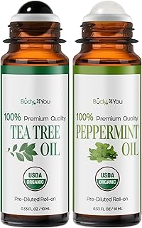 BodyJ4You Tea Tree + Peppermint Essential Oil Roll On Duo - 100% USDA Organic MCT Coconut Oil - Black Obsidian and Clear Quartz Stone Rollers - Spots Cuticles Feet Cooling Focus Temples Neck - Amber G