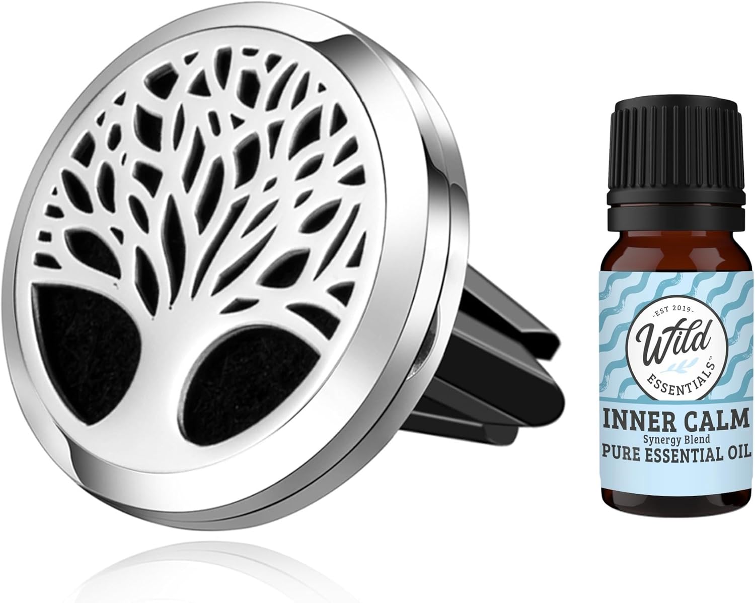 Wild Essentials Tree of Life Car Vent Diffuser Kit – 316L Stainless Steel Locket, Rubber-Coated 4-Way Clip, 8 Color Pads (22mm), 25mm – Includes Inner Calm (1 x 10ml)