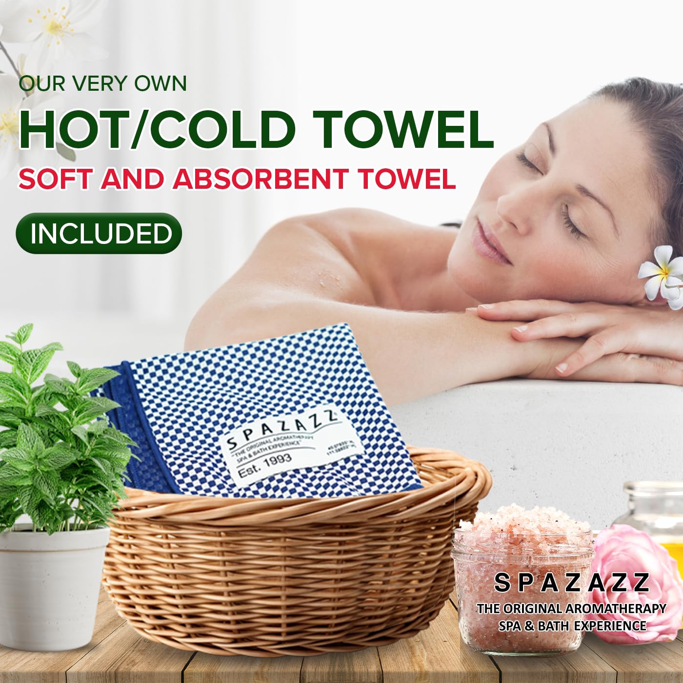 Hot Tub & Spa Bath Salt Aromatherapy Crystals - Spazazz Escape Collection 4 Oz 7-Pack Sampler & Hot Cold Towel - Lavender, Lime Coconut, Green Tea, Vanilla Jasmine, Kiwi Pear, Grapefruit, Pomegranate