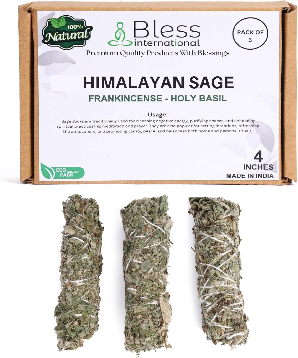 Bless-International Himalayan-Sage-Holy-Basil-Frankincense-Incense Premium-100%-Natural-and-Organic Handcrafted-4-Inches-Long Used-for-Home-Cleansing-Meditation-Smudging-Rituals