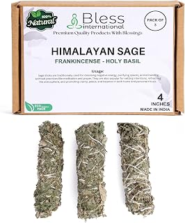 Bless-International Himalayan-Sage-Holy-Basil-Frankincense-Incense Premium-100%-Natural-and-Organic Handcrafted-4-Inches-Long Used-for-Home-Cleansing-Meditation-Smudging-Rituals