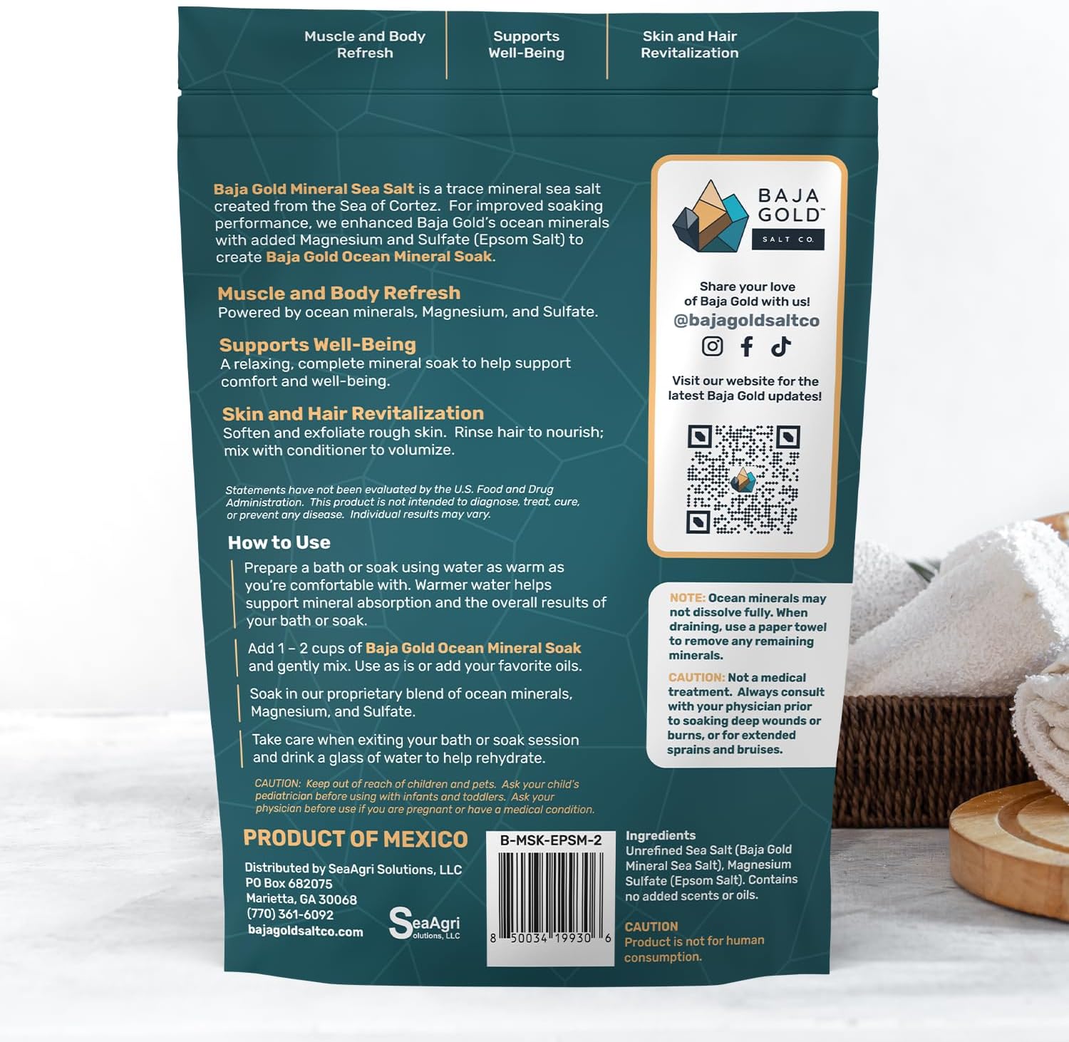 Baja Gold Ocean Mineral Soak – Natural Magnesium Bath Soak & Trace Elements | Relaxing, Clean Ingredient Soak for Bath, Muscles, Relaxation & Skin Care | Pure, Vegan, 2 Lb Resealable Bag, Unscented