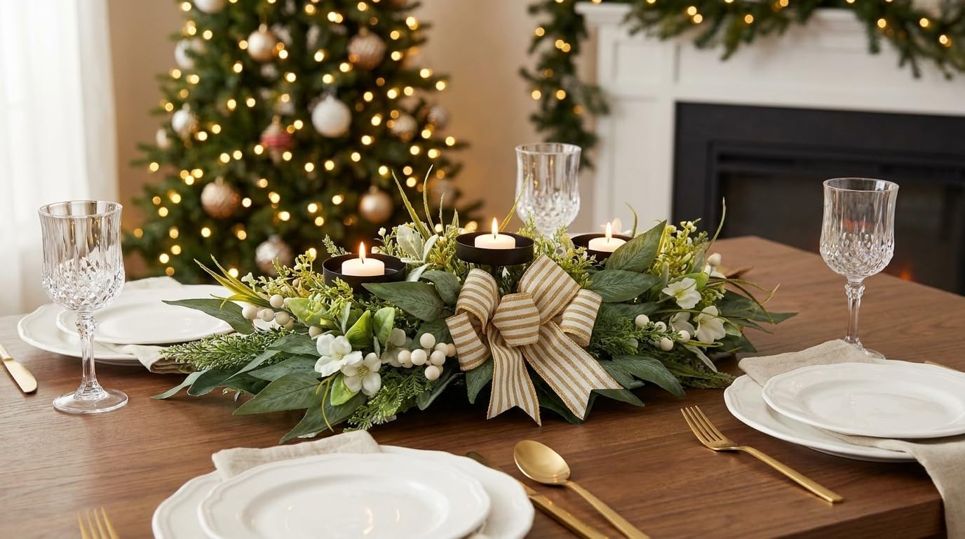 Svndlyn 26 Inch 3 Candle Holder Centerpiece with Greenery and Striped Bow | Faux Greenery, White Flowers, Berries and Eucalyptus Leaves for Table Mantel and Holiday Decor