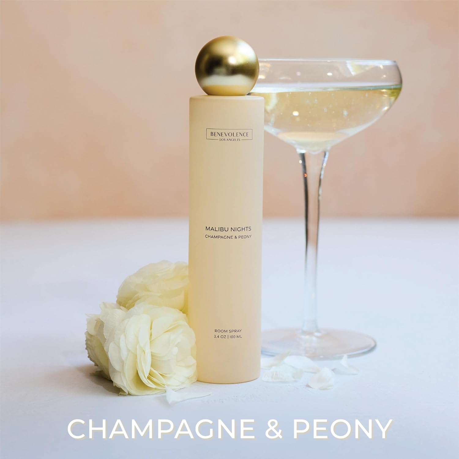 Champagne & Peony Room Spray | Benevolence LA Malibu Nights | 3.4oz | Home, Pillow & Linen Fragrance Spray | Low VOC, No Alcohol | Malibu Sands Collection