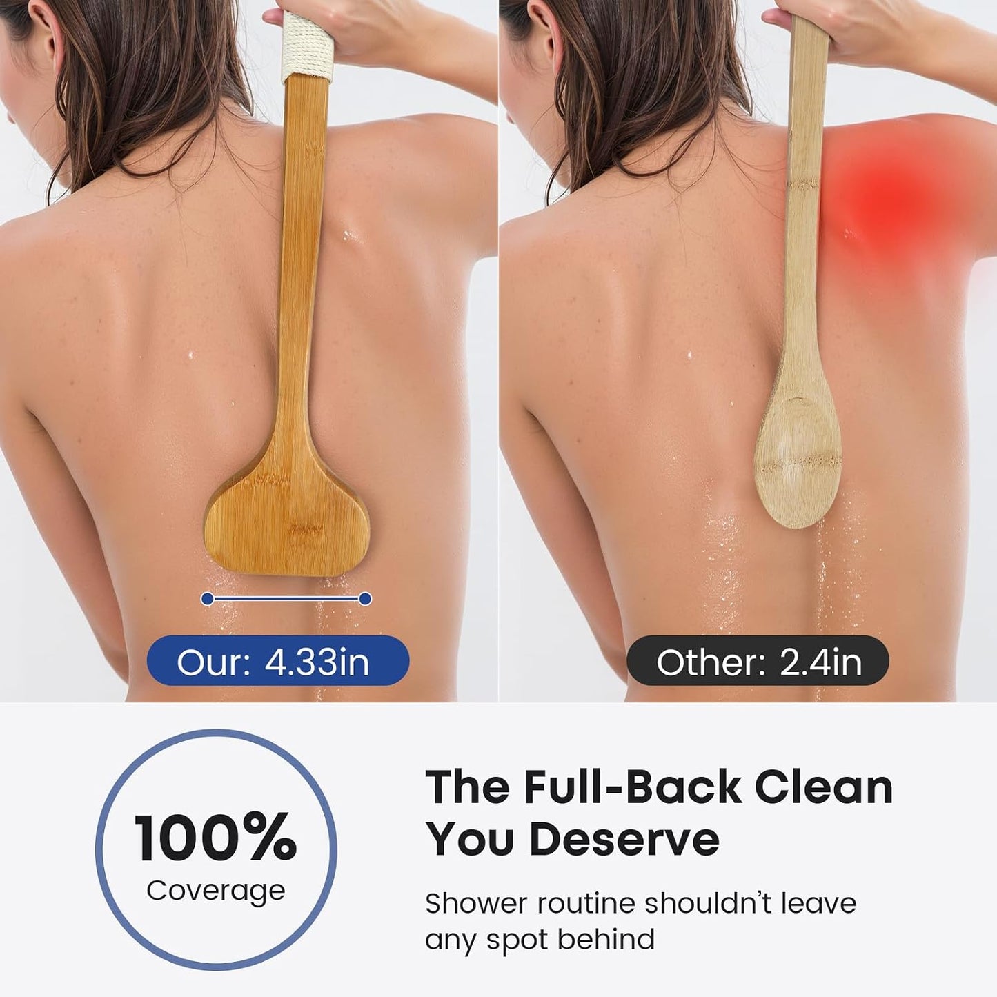 eaxun Bamboo Back Scrubber with Curved Long Handle, 17.3 Inches Exfoliating Shower Brush with Stiff Bristles for Men and Women, Back Washer Body Exfoliator for Bath or Dry Brushing