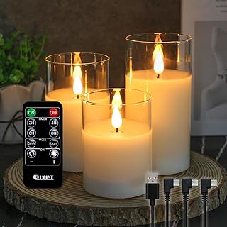 LEDHOLYT Rechargeable Flameless Glass Pillar Candles–Gifts for Women,–Set of 3, Realistic Flickering LED Flame,Remote & Timer, Ideal for Living Room, Bedroom & Halloween Festival Home Party Decor