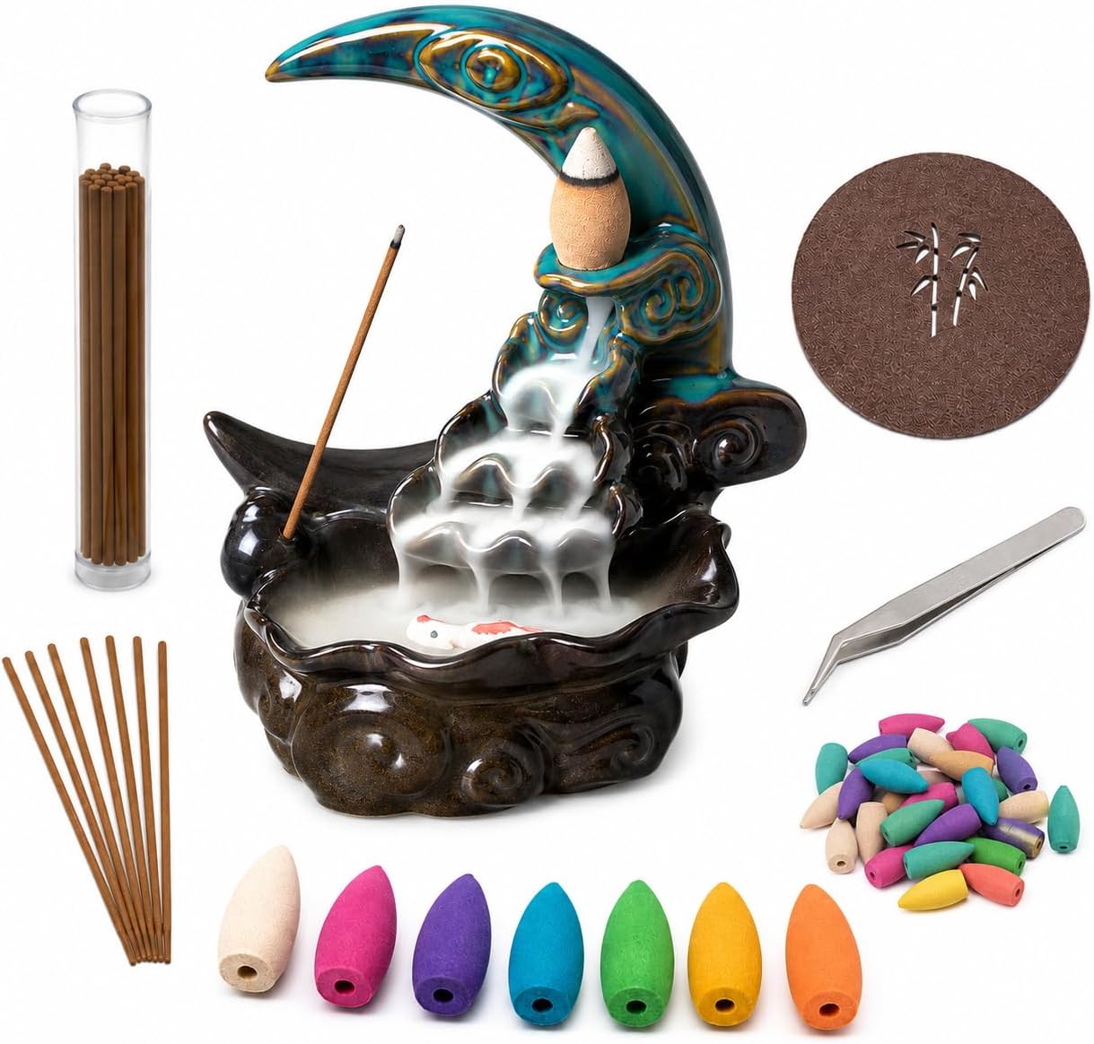 Ceramic Incense Holder Backflow Handcraft Moon Incense Burner with 30 Incense Cones 1 Tweezer 1 Mat 30 Incense Sticks for Home Decoration Ornament Aromatherapy and Meditation