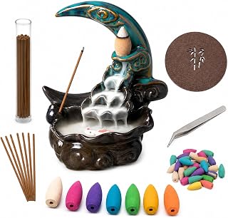 Ceramic Incense Holder Backflow Handcraft Moon Incense Burner with 30 Incense Cones 1 Tweezer 1 Mat 30 Incense Sticks for Home Decoration Ornament Aromatherapy and Meditation