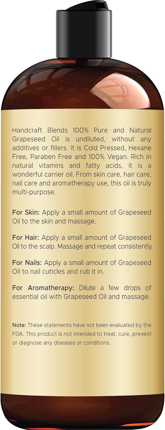 Handcraft Blends Grapeseed Oil | 100% Pure and Natural | Bath & Body Oil | Premium Grade Carrier Oil | Skin | Hair | Body | Massage | Cold-Pressed | Hexane-Free | 16 Fl Oz