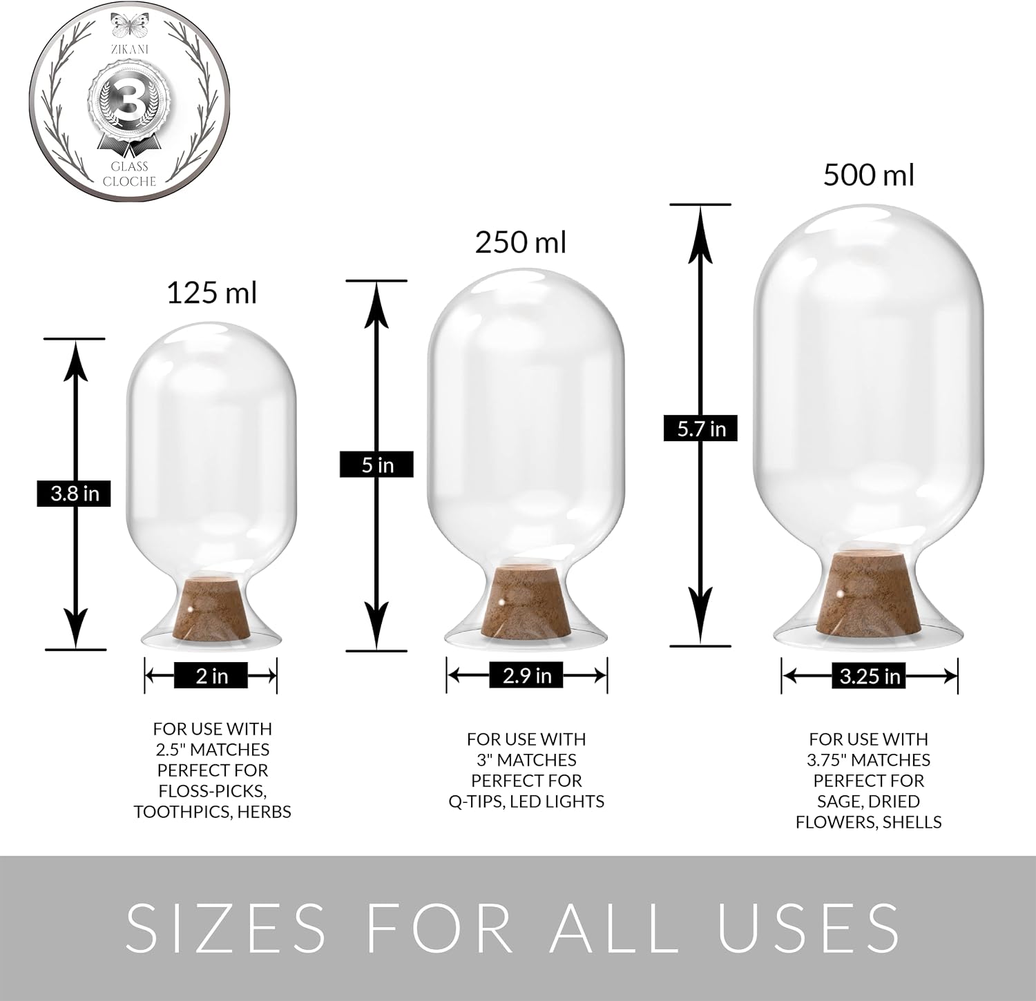 Glass Match Holder with Striker – Includes Fancy Matches in Cloche Jar – Decorative Christmas Gift for Home or Fireplace - White, 125 ml