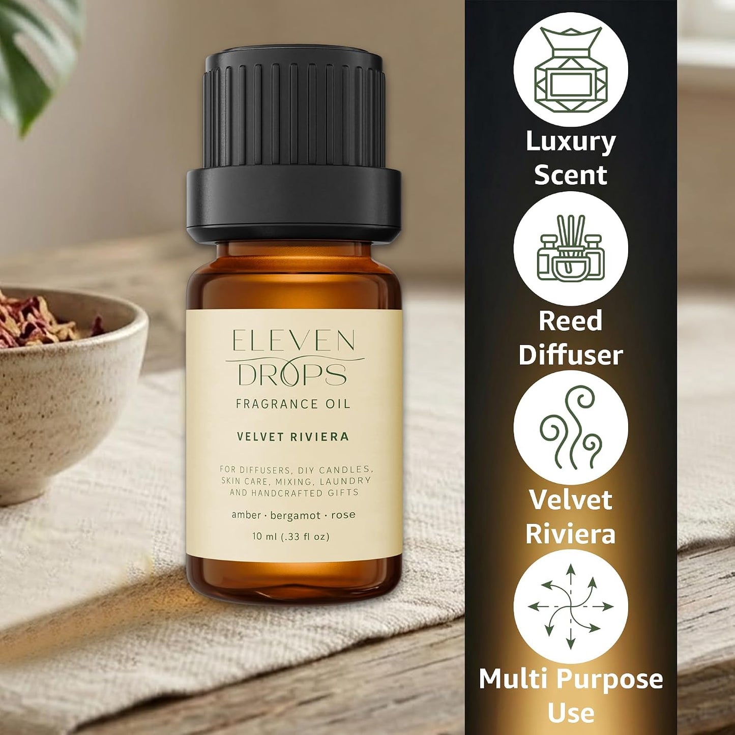 Velvet Riviera Fragrance Oil | Amber, Bergamot & Rose Notes | Long Lasting Scent Reed Diffuser Oil for Home, Office, Hotel, Spa, Car & Linen Spray | Pet Friendly IFRA Compliant, 10 ml