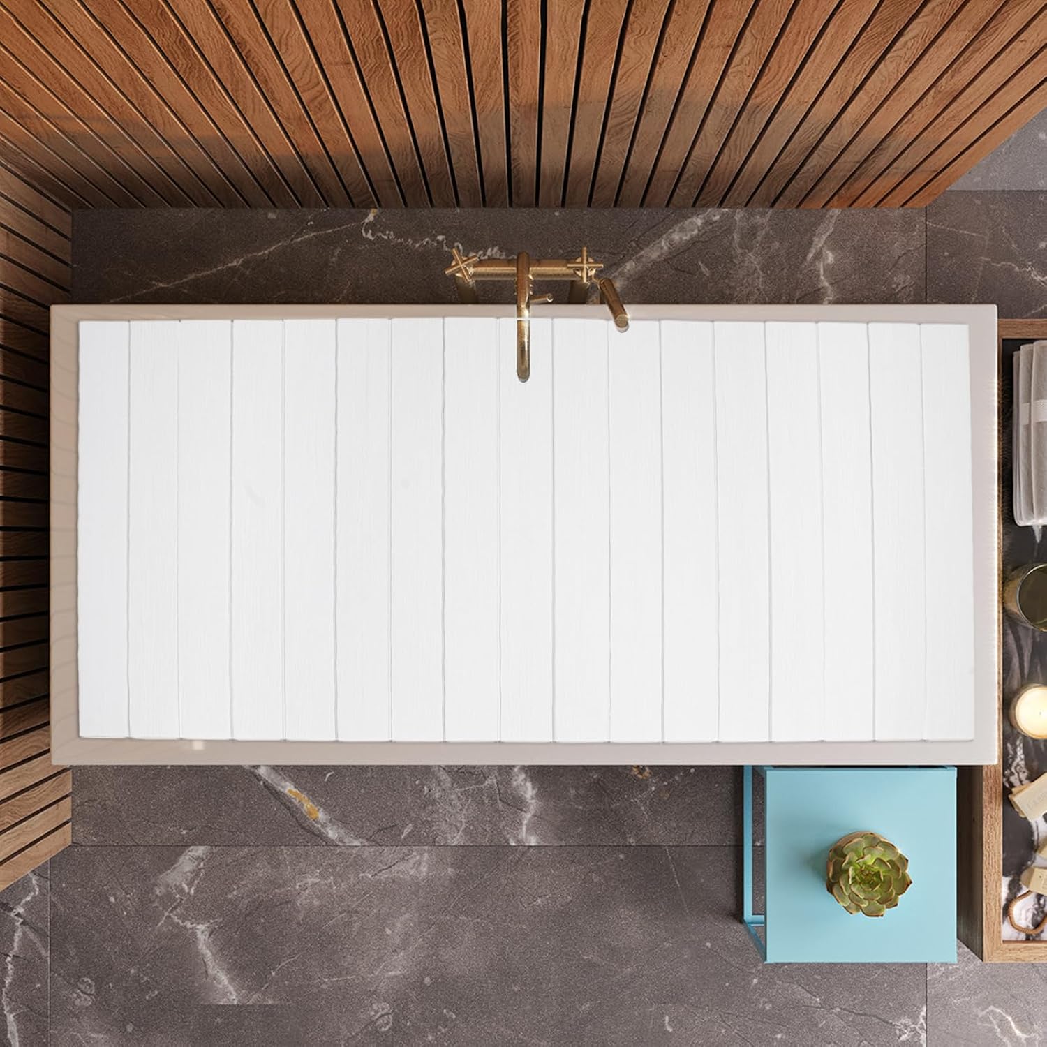 Foldable Bathtub Tray for Bathroom Storage and Relaxation, White Wood Grain Cover Board, Adjustable Bath Caddy Shelf for Home Spa, Adults, and Families