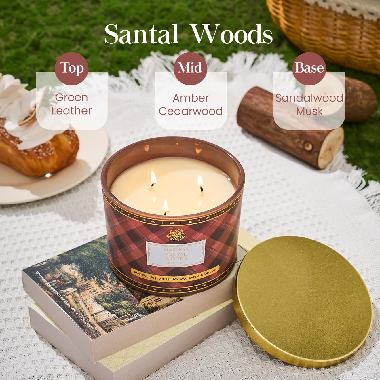 M&SENSE Plaid Pattern 3 Wick Soy Candles,11.64 oz Large Santal Woods Scent Candle for Relaxation, Gifting, Home Décor | for Bedroom, Office, Party