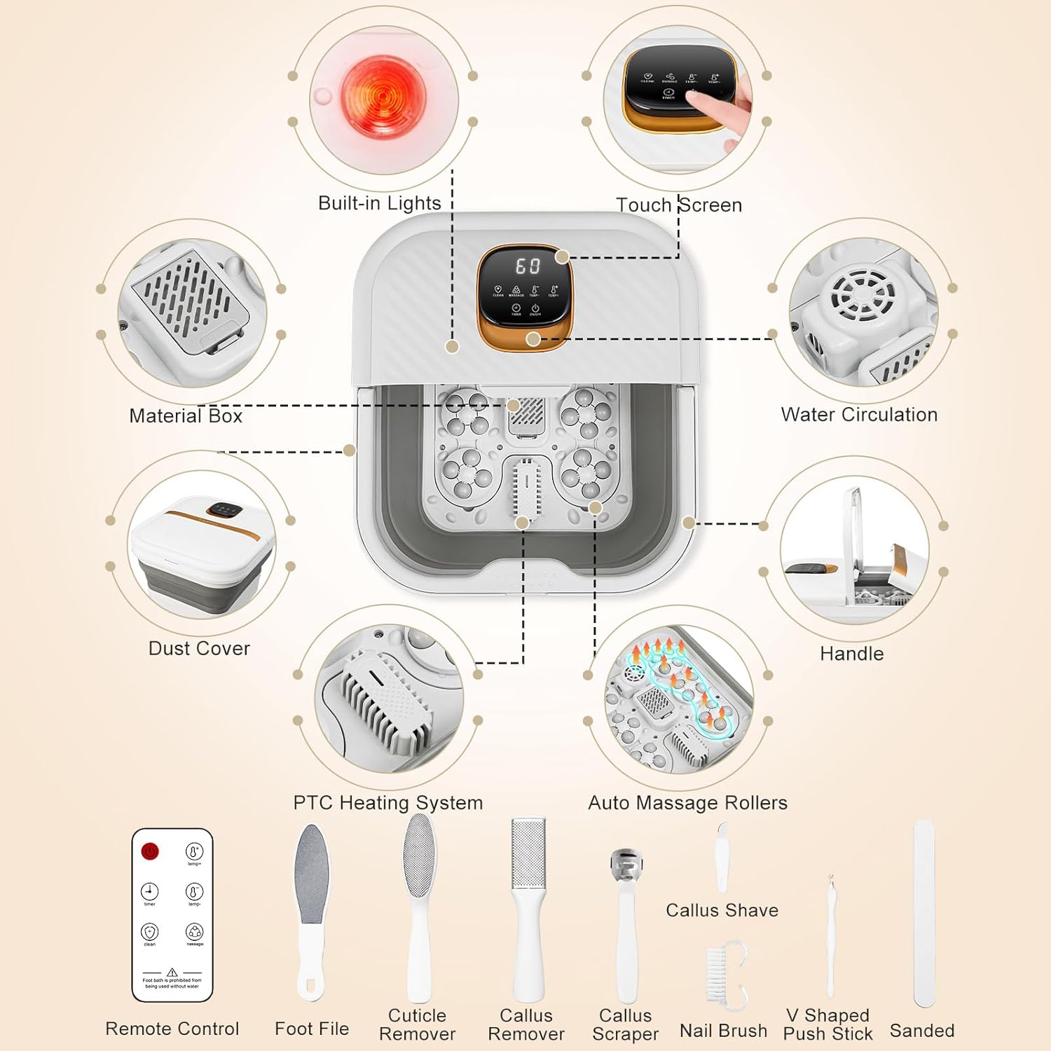UNIFULL Collapsible Foot Spa Bath with Heat, Motorized Massager, Touch Screen, Foot Pedicure Kit, Temperature Control, Pedicure Foot Spa, Foot Bath